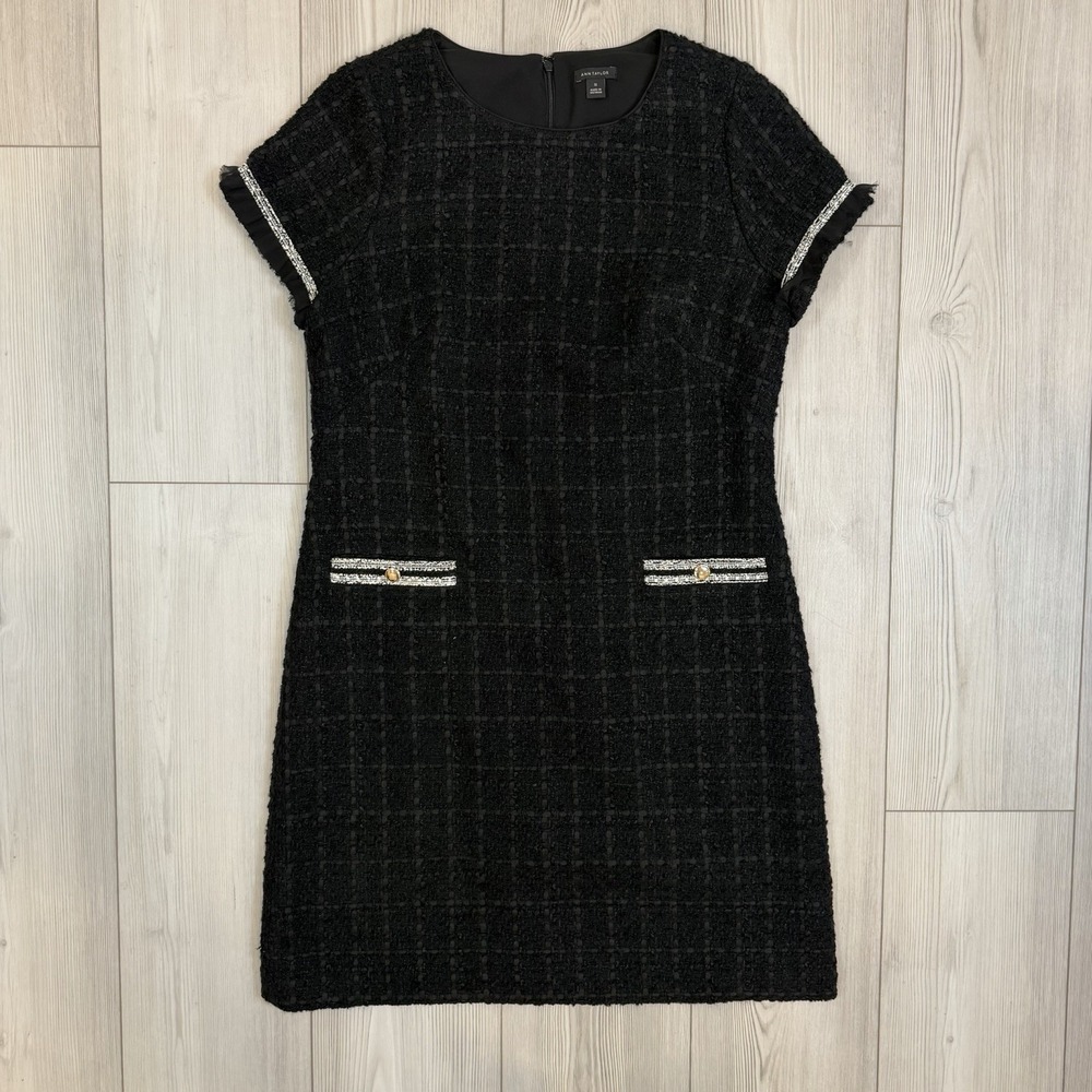 ANN TAYLOR Black Tweed Sheath Dress Contrast Trim Size 12 Preppy Career